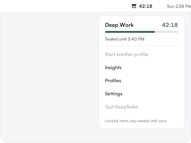 The KeepSaike menu bar dropdown showing Deep Work with 42:18 left.